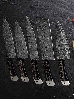 Damascus Kitchen Knife Set 5PC Blue Resin Handle Chef Knives